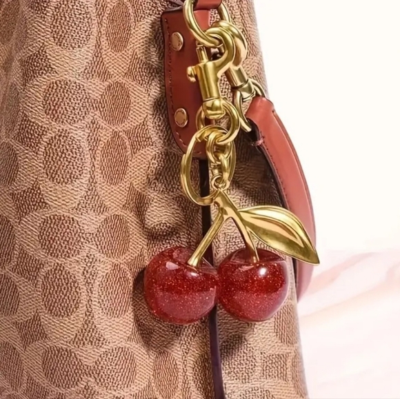 Cherry Purse Charm Keychain Goldtone with Dark Red Glitter Cherries NWOT - Picture 4 of 6